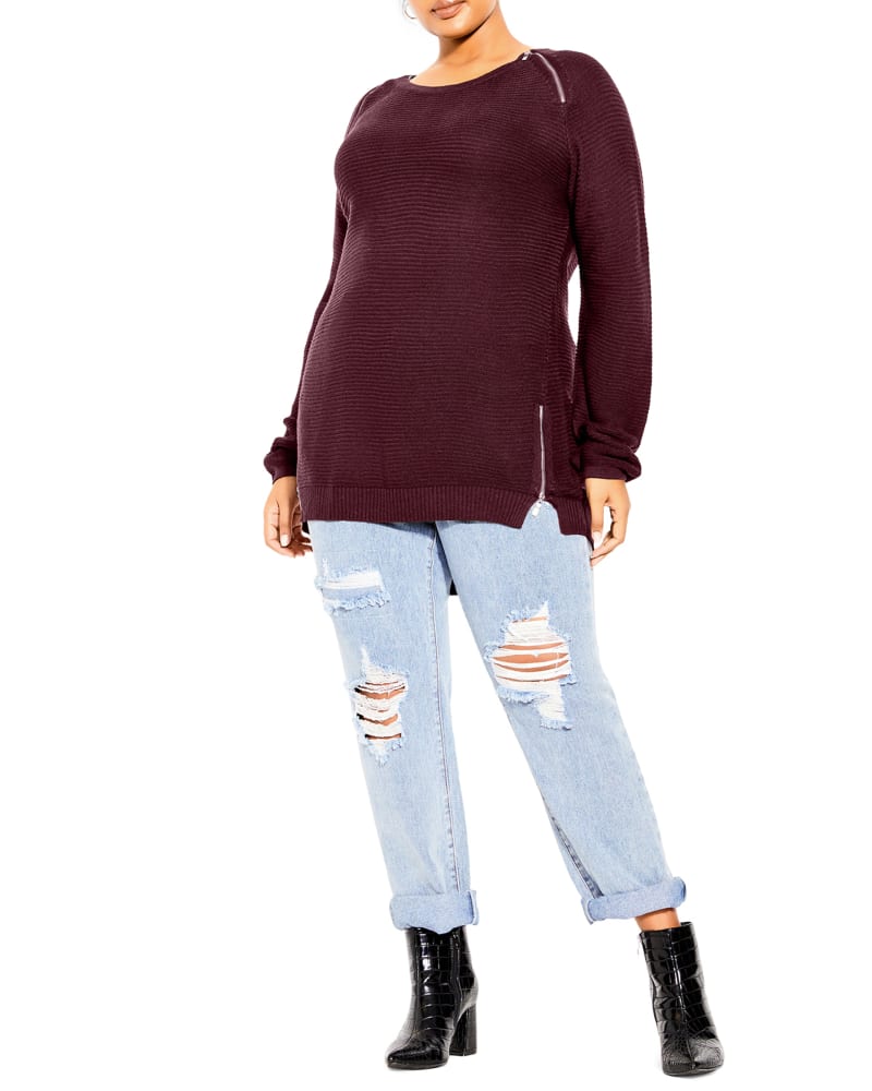 Front of a model wearing a size XXS Addie Zip Tunic in Oxblood by City Chic. | dia_product_style_image_id:234383